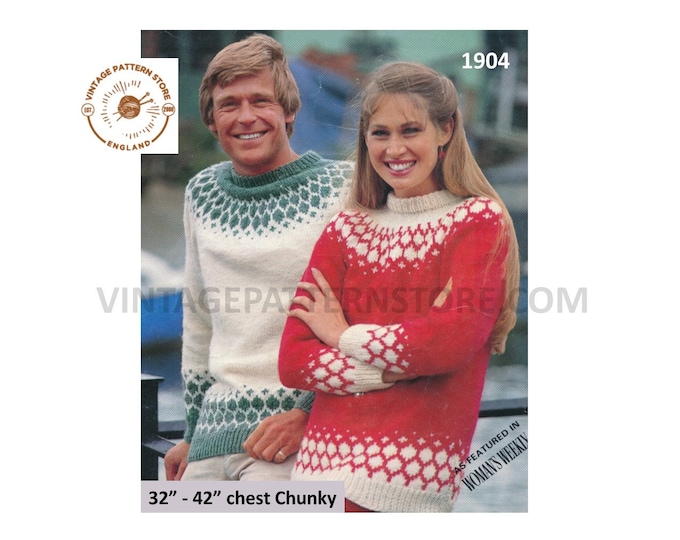 Ladies Womens Mens 80s crew neck chunky knit fair isle yoke yoked raglan sweater jumper pdf knitting pattern 32" to 42" Download 1904