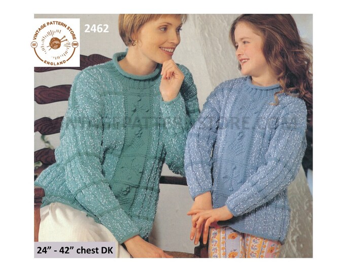 Ladies Girls 90s roll neck cabled cable panel ribbed drop shoulder DK dolman sweater jumper pdf knitting pattern 24" to 42" Download 2462