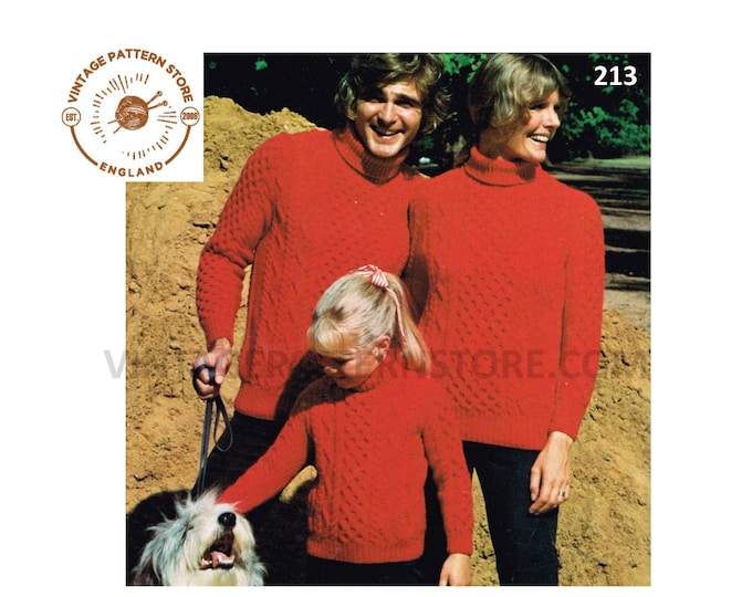 Ladies Womens Mens Boys Girls 80s Family turtleneck cable cabled raglan aran sweater jumper pdf knitting pattern 26" to 42" PDF download 213