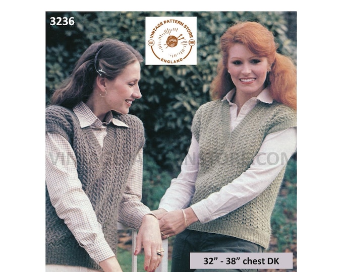 Ladies Womens 70s vintage DK V neck lacy cap sleeve slipover sweater vest Summer top pdf knitting pattern 32" to 38" PDF download 3236