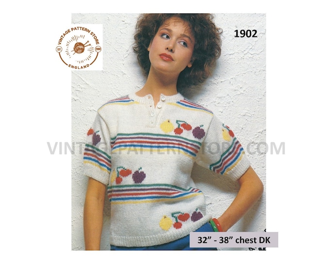 Ladies Womens 80s DK shirt neck fruit machine intarsia striped short sleeve sweater jumper pdf knitting pattern 32" to 38" PDF Download 1902