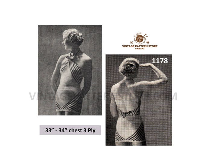 Ladies Womens 30s vintage 3 ply halter neck backless swimming costume bathing suit pdf knitting pattern PDF download 1178