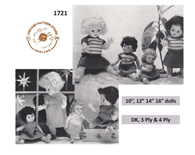 50s vintage 10" 12" 14" 16" DK 3 ply and 4 ply baby dolls clothes pdf knitting pattern 4 outfits to knit Instant PDF Download 1721
