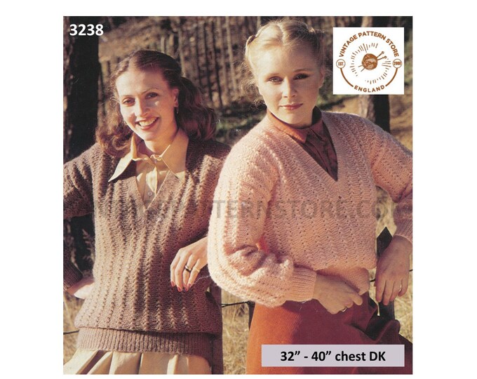 Womens Ladies 70s vintage DK V neck lacy rib ribbed raglan sweater jumper pullover pdf knitting pattern 32" to 40" chest PDF download 3238