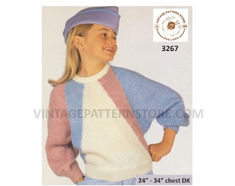 Girls Geometric Dolman Sleeve Sweater Knitting Pattern 24-34" Chest (PDF Pattern)