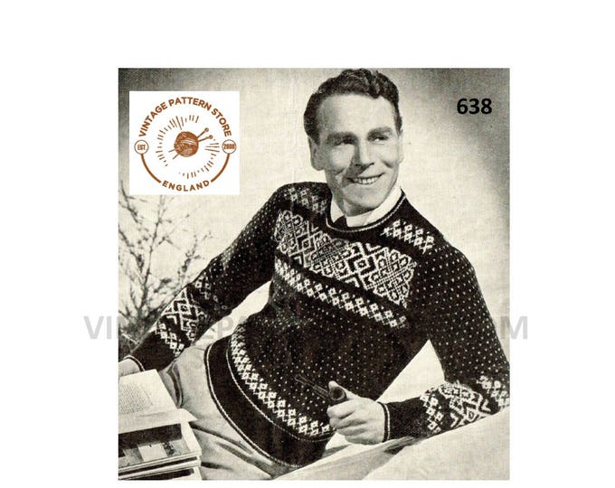 Mens Mans 30s vintage 3 ply round neck fair isle banded yoke yoked raglan sweater jumper pdf knitting pattern 38" chest PDF download 638