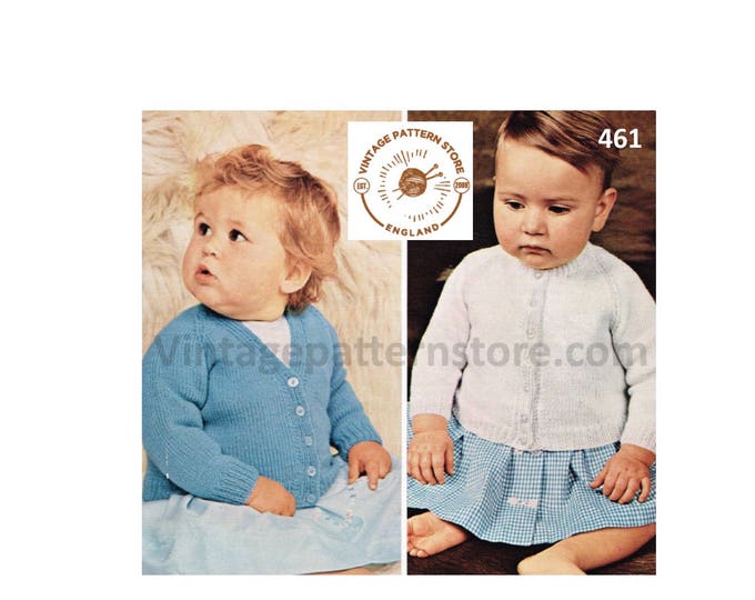 Baby Babies 80s vintage simple and easy to knit 4 ply V or round neck raglan cardigan pdf knitting pattern 18" to 22" PDF Download 461