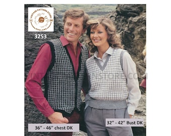 Ladies Womens Mens 80s vintage DK V neck houndstooth fair isle slipover sweater vest & waistcoat pdf knitting pattern Download 3253