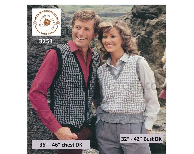 Ladies Womens Mens 80s vintage DK V neck houndstooth fair isle slipover sweater vest & waistcoat pdf knitting pattern Download 3253