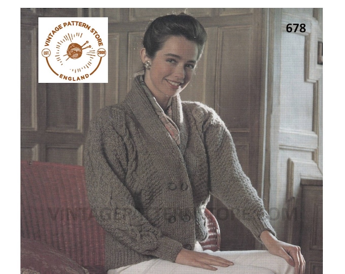 Ladies Womens 90s shawl collar double breasted cabled drop shoulder dolman aran cardigan jacket pdf knitting pattern 32" to 42" download 678