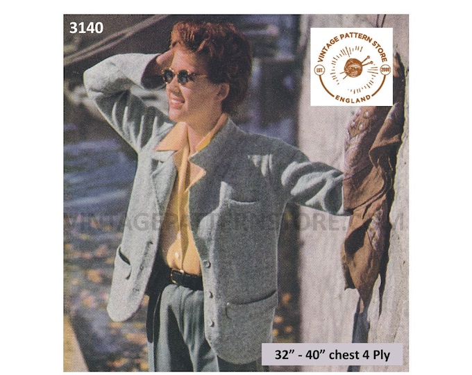 Ladies Womens 50s vintage 4 ply casual raglan blazer jacket pdf knitting pattern 32" to 40" chest Instant PDF Download 3140