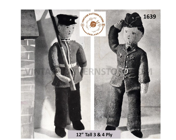 WWII 40s vintage 4 ply toy soldier guardsman and 3 ply toy RAF airman pilot pdf knitting pattern 12" High Instant PDF download 1639