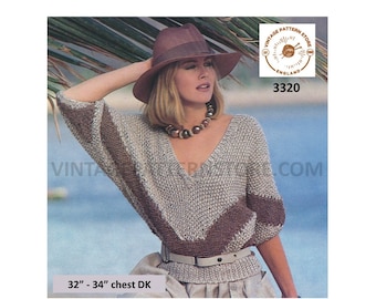 80s Batwing V-Neck Sweater Knitting Pattern 32-34" Bust (PDF Pattern )