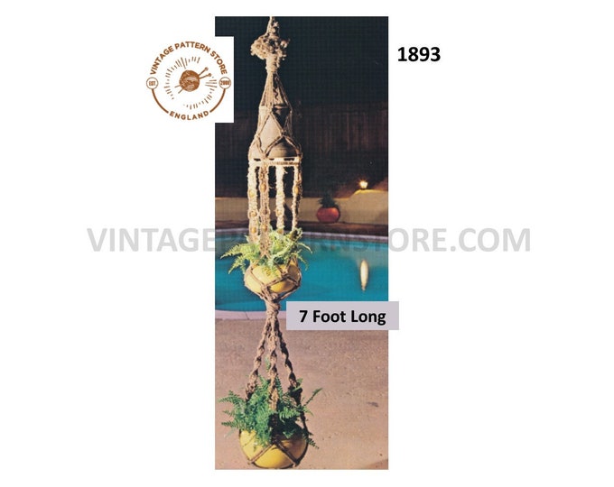 70s vintage overhead light macrame plant hanger pdf macrame pattern, 70s vintage retro indoor garden 7 foot Long Instant PDF download 1893