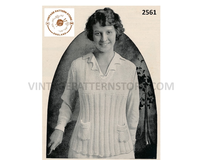 Ladies Womens vintage Edwardian V neck rib ribbed slipover sweater vest pdf knitting pattern Instant PDF download 2561