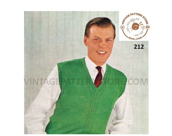 Mens Mans 80s vintage 3 ply 4 ply or DK sleeveless sweater vest slipover tank top knitting pattern 36" to 46" chest Instant PDF download 212