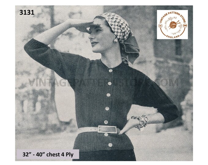 Ladies Womens 50s vintage 4 ply round neck drop shoulder casual dolman cardigan pdf knitting pattern 32" to 40" bust Instant Download 3131