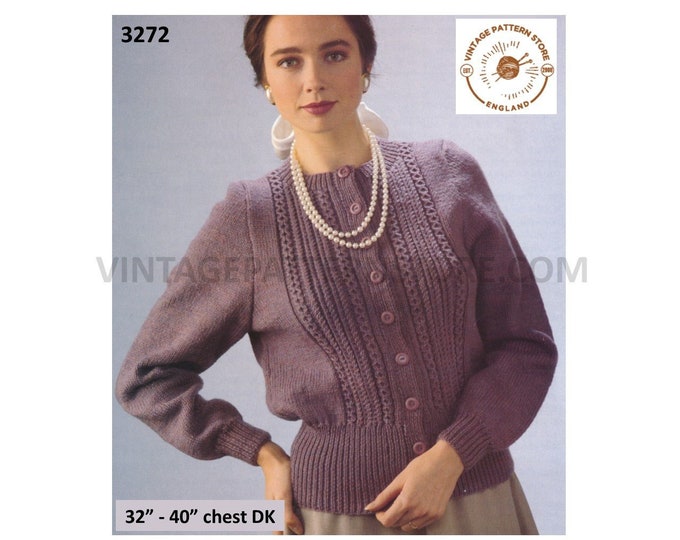 Ladies Womens 90s DK round neck cabled cable panel dolman cardigan pdf knitting pattern 32" to 40" chest Instant PDF Download 3272