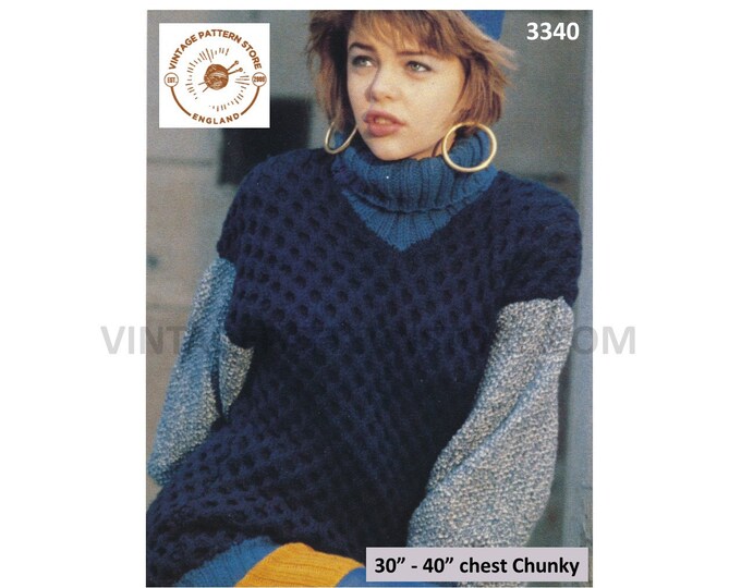 Ladies Womens 80s polo neck honeycomb cable cabled drop shoulder chunky knit sweater jumper pdf knitting pattern 30" to 40" Download 3340