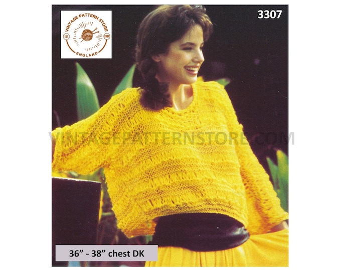 Ladies Womens 80s vintage DK drop stitch scoop neck lacy drop shoulder dolman sweater jumper pdf knitting pattern 36" to 38" Download 3307