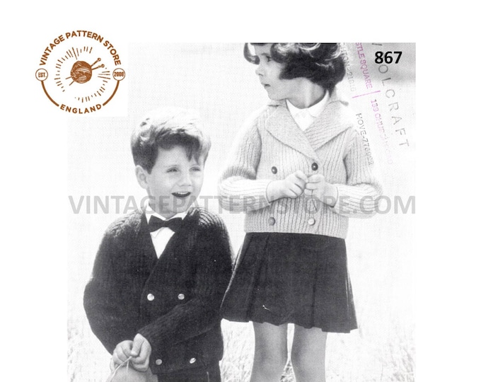 Boys Girls 50s vintage DK double breasted ribbe jacket with optional collar pdf knitting pattern 22" to 26" Instant PDF download 867