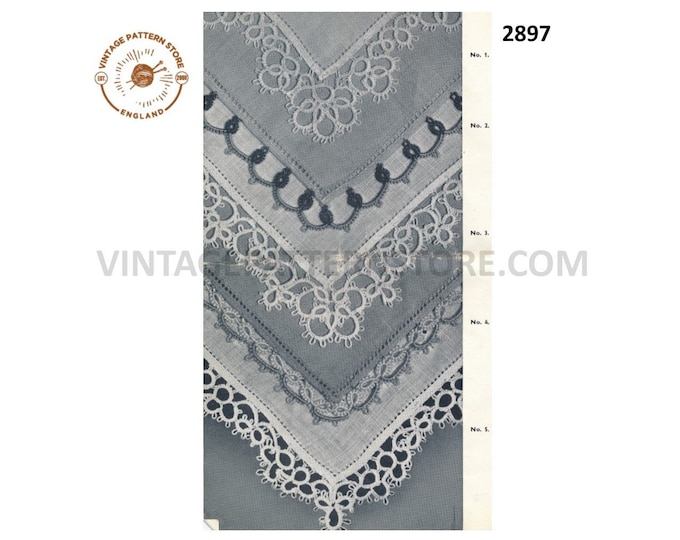 50s vintage tatted lace lacy handkerchief edging pdf tatting pattern Instant PDF Download 2897