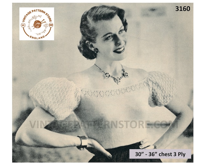 Ladies Womens 50s vintage boat neck puff sleeve lacy 3 ply evening top blouse pdf knitting pattern 30" to 36" Instant PDF Download 3160