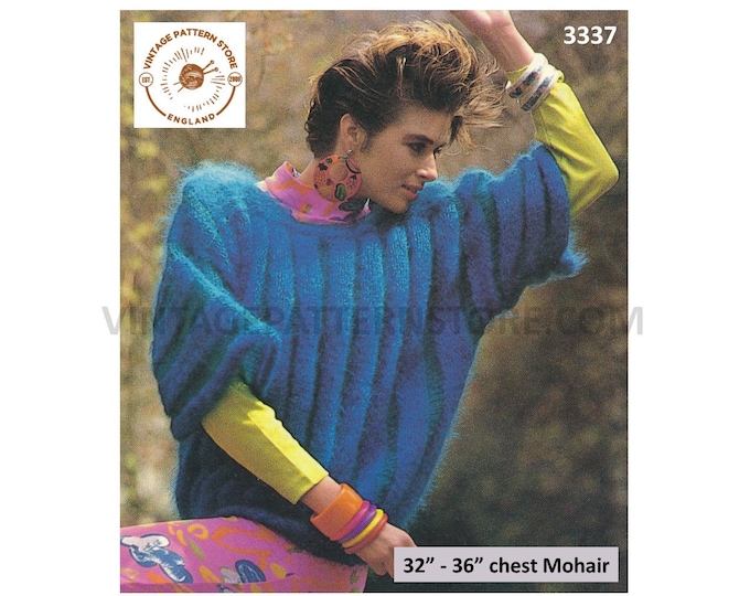 Womens Ladies 80s vintage sideways knitted short sleeve striped mohair dolman sweater pdf knitting pattern 32" to 36" bust PDF Download 3337