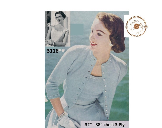Ladies Womens 50s 3 ply round neck raglan cardigan & scoop neck strappy slipover Summer top pdf knitting pattern 32" to 38" Download 3116