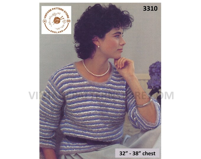 Ladies Womens 80s vintage DK round neck striped drop shoulder garter stitch sweater jumper pdf knitting pattern 32" to 38" Download 3310