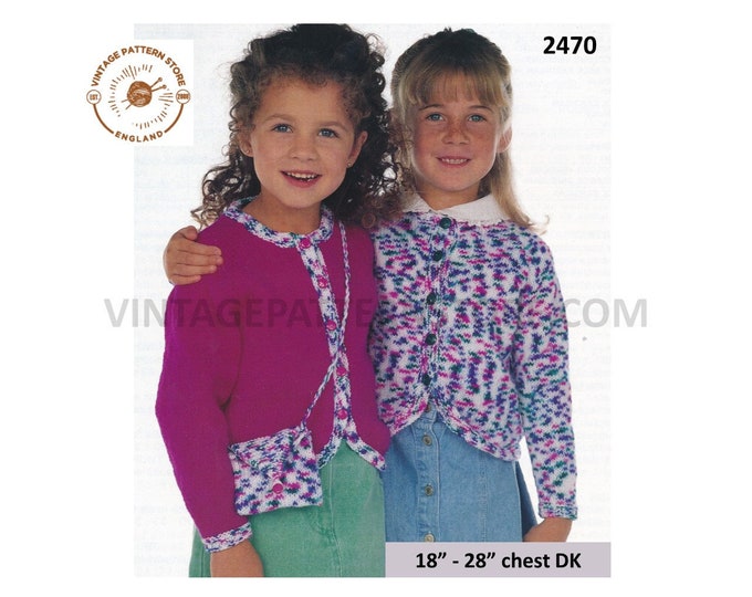 Baby Babies Toddlers Girls 90s easy to knit round neck DK raglan cardigan & shoulder bag pdf knitting pattern 18" to 28" chest Download 2470