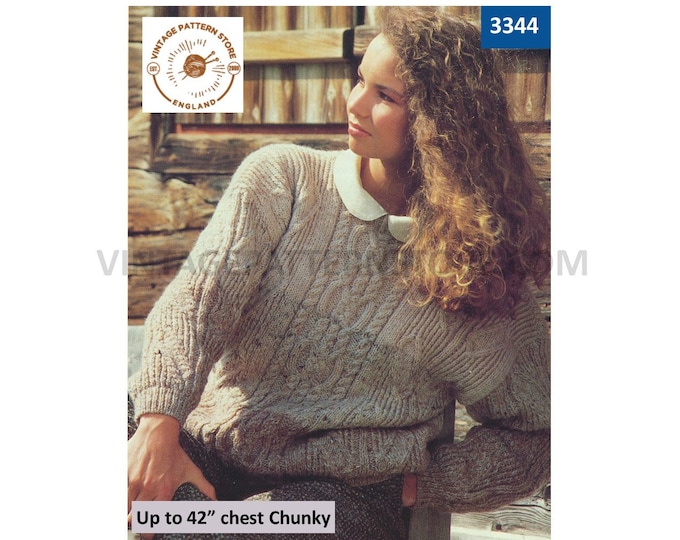 Ladies Womens 80s vintage round neck chunky knit cable drop shoulder dolman sweater jumper pdf knitting pattern Up to 42" bust Download 3344