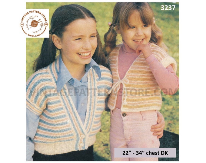 Girls 70s vintage easy to knit V neck striped cap sleeve tie or button front DK waistcoat pdf knitting pattern 22" to 34" PDF download 3237