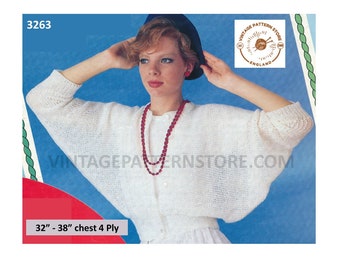 Cardigan chauve-souris 4 épaisseurs simple et facile à tricoter pour femme des années 90, modèle de tricot pdf de 32 à 38 pouces pour la poitrine Téléchargement PDF instantané 3263