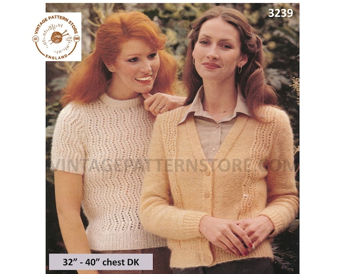 Womens Ladies 70s vintage round neck lacy DK raglan Summer sweater & V neck cardigan twin set pdf knitting pattern 32" to 40" Download 3239