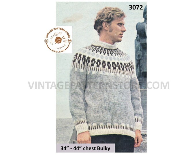 Mens Mans 80s vintage bulky knit crew neck fair isle yoke yoked raglan sweater jumper pullover pdf knitting pattern 34" to 44" Download 3072