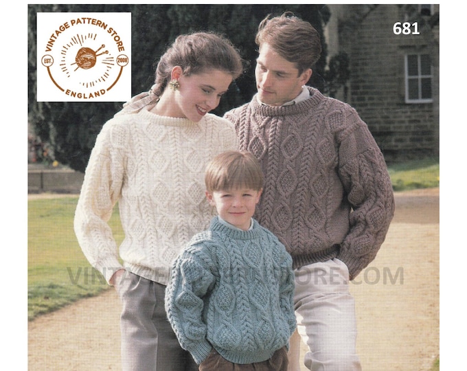 Ladies Womens Mens Boys Girls 90s Family drop shoulder cable cabled dolman aran sweater jumper pdf knitting pattern 26" to 44" Download 681