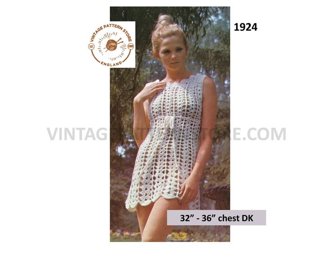 Ladies Womens 70s vintage DK round neck lacy lace sleeveless Summer mini dress pdf crochet pattern 32" to 36" chest Instant download 1924