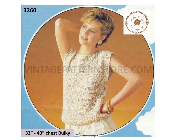 Ladies Womens 90s bulky easy to knit round neck cap sleeve slipover sweater vest Summer top pdf knitting pattern 32" to 40" Download 3260