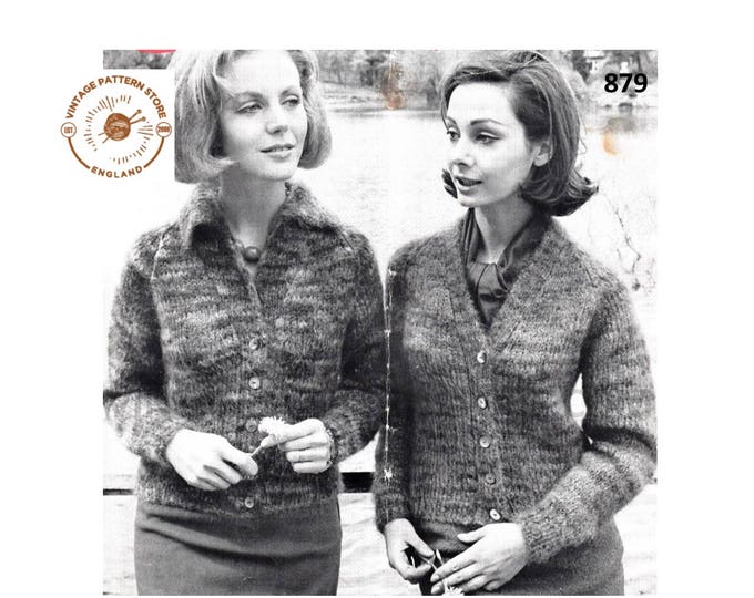 Ladies Womens 60s vintage easy to knit V or round neck raglan mohair cardigan pdf knitting pattern 34" to 40" chest Instant PDF download 879