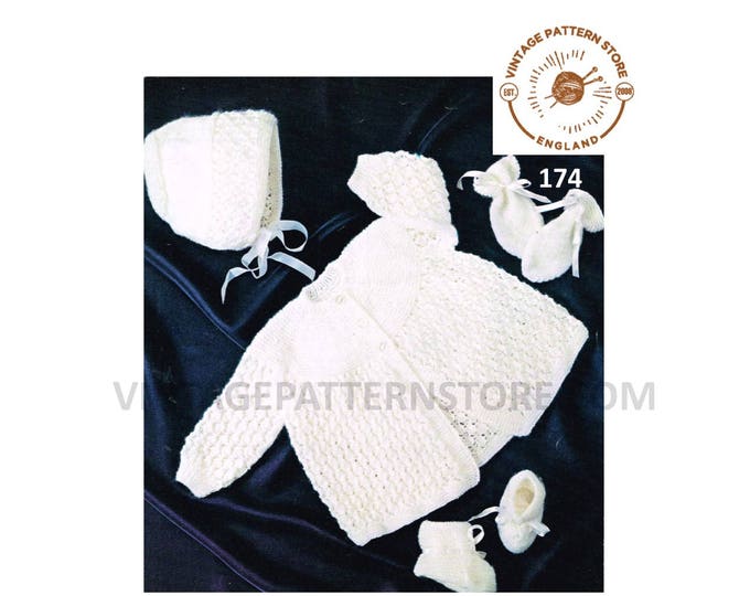 Babies 80s vintage 4 ply lacy lace layette pram set matinee coat jacket bonnet booties mittens pdf knitting pattern 16" to 20" Download 174