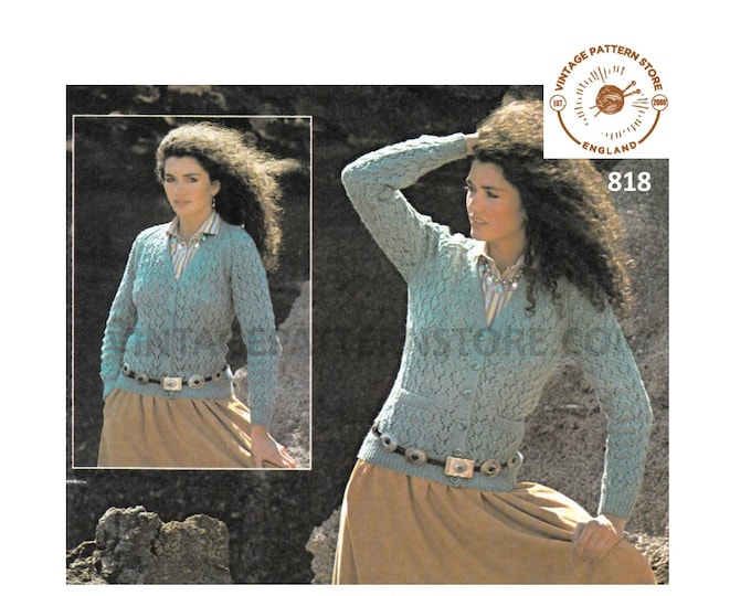 Ladies Womens 80s vintage V neck lacy eyelet lace raglan DK cardigan pdf knitting pattern 32" to 40" chest Instant PDF download 818
