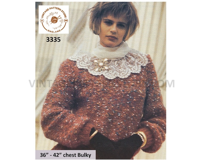 Womens Ladies 80s vintage easy to knit crew neck bulky knit raglan sweater jumper knitting pattern 36" to 42" bust Instant PDF Download 3335