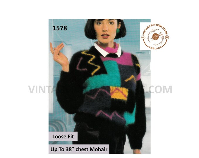 Ladies Womens 90s round neck drop shoulder geometric intarsia dolman mohair sweater jumper pdf knitting pattern Up to 38" PDF Download 1578