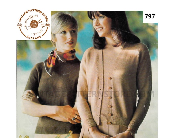 Womens Ladies 70s simple and easy to knit 2 ply summer sweater & raglan cardigan twin set pdf knitting pattern 32" to 40" PDF download 797