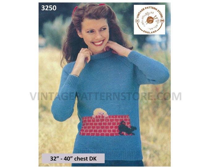 Picture sweater knitting pattern, Womens Ladies 80s intarsia picture motif DK sweater jumper pattern - 32" - 40" chest PDF download 3250