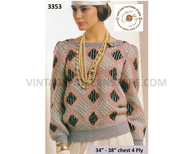 Ladies Womens 80s vintage 4 ply boat neck intarsia diamond raglan sweater jumper pdf knitting pattern 34 to 38" bust PDF Download 3353