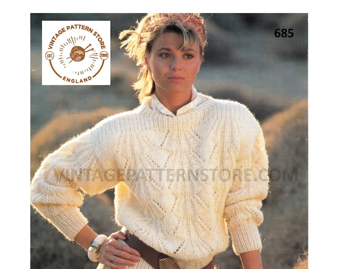 Ladies Womens 90s drop shoulder round neck eyelet lace dolman mohair sweater jumper pdf knitting pattern 32" to 38" chest PDF download 685