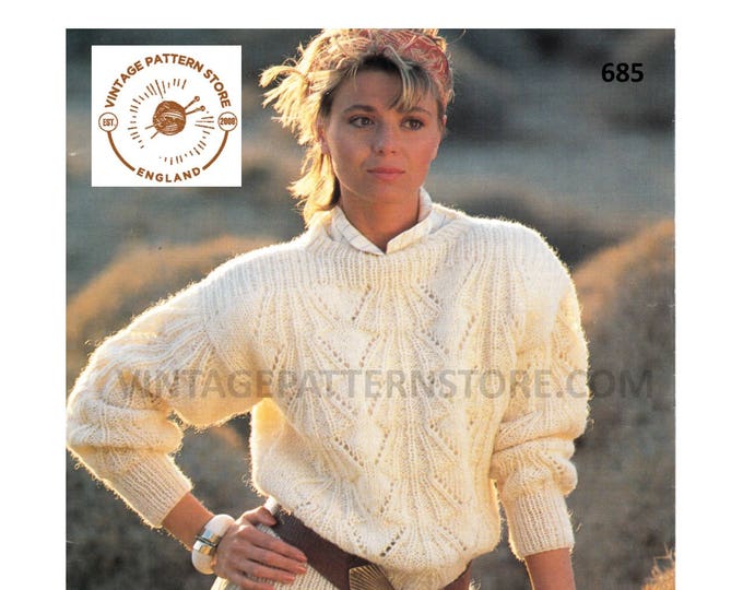 Ladies Womens 90s drop shoulder round neck eyelet lace dolman mohair sweater jumper pdf knitting pattern 32" to 38" chest PDF download 685