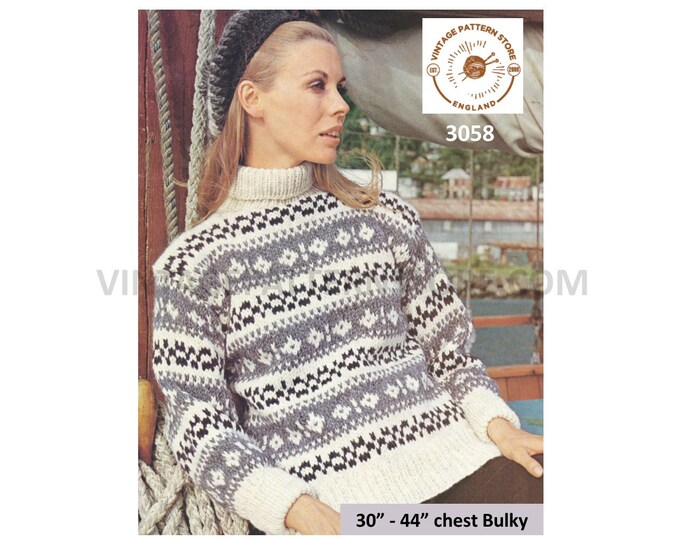 Ladies Womens 80s vintage bulky knit polo neck fair isle banded raglan sweater jumper pullover pdf knitting pattern 30" to 44" Download 3058